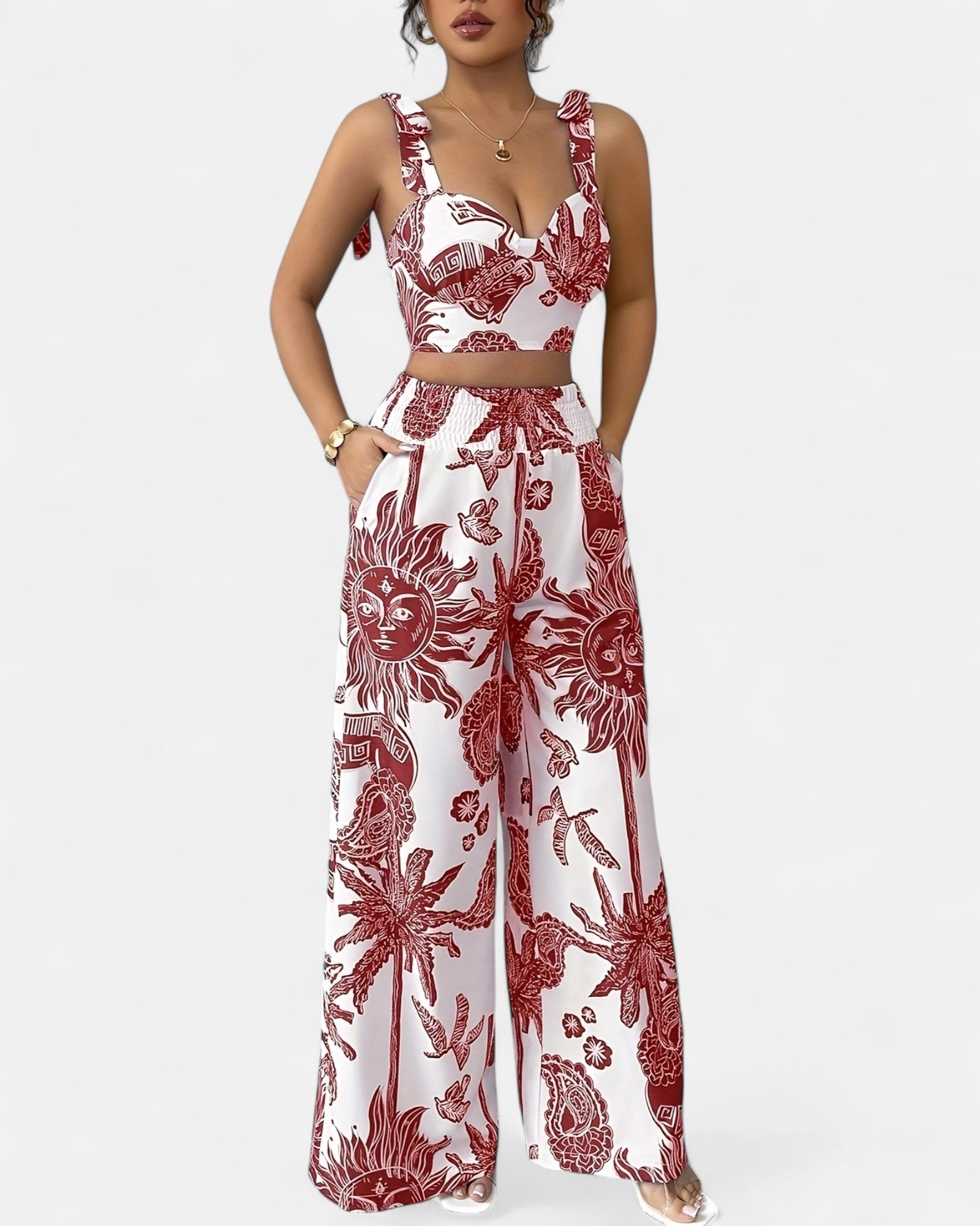 Rosalie – Boho Blue & White Floral Crop Top & Wide - Leg Trousers Set - Outfit Sets - Boho Style