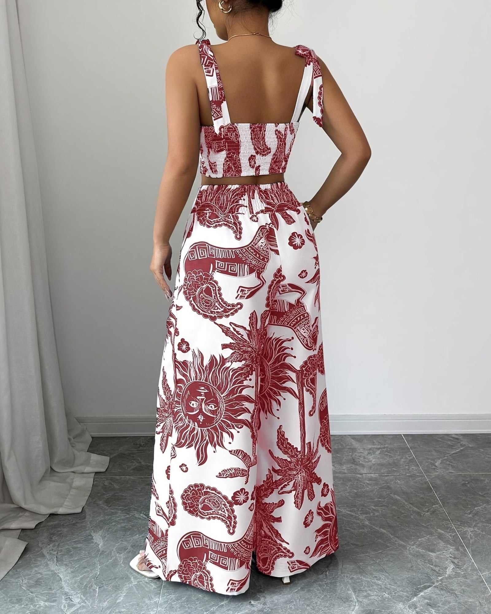 Rosalie – Boho Blue & White Floral Crop Top & Wide - Leg Trousers Set - Outfit Sets - Boho Style