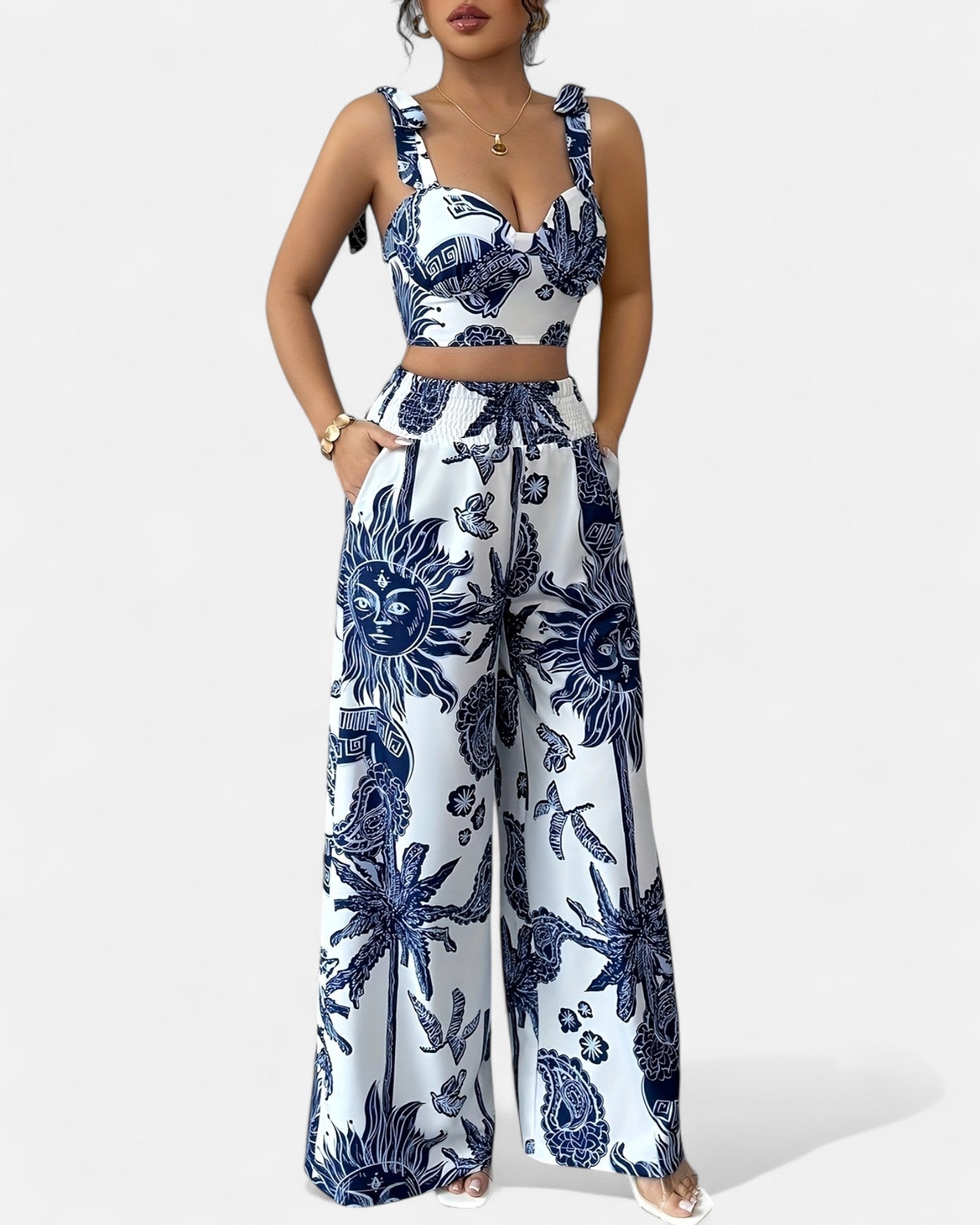 Rosalie – Boho Blue & White Floral Crop Top & Wide - Leg Trousers Set - Outfit Sets - Boho Style