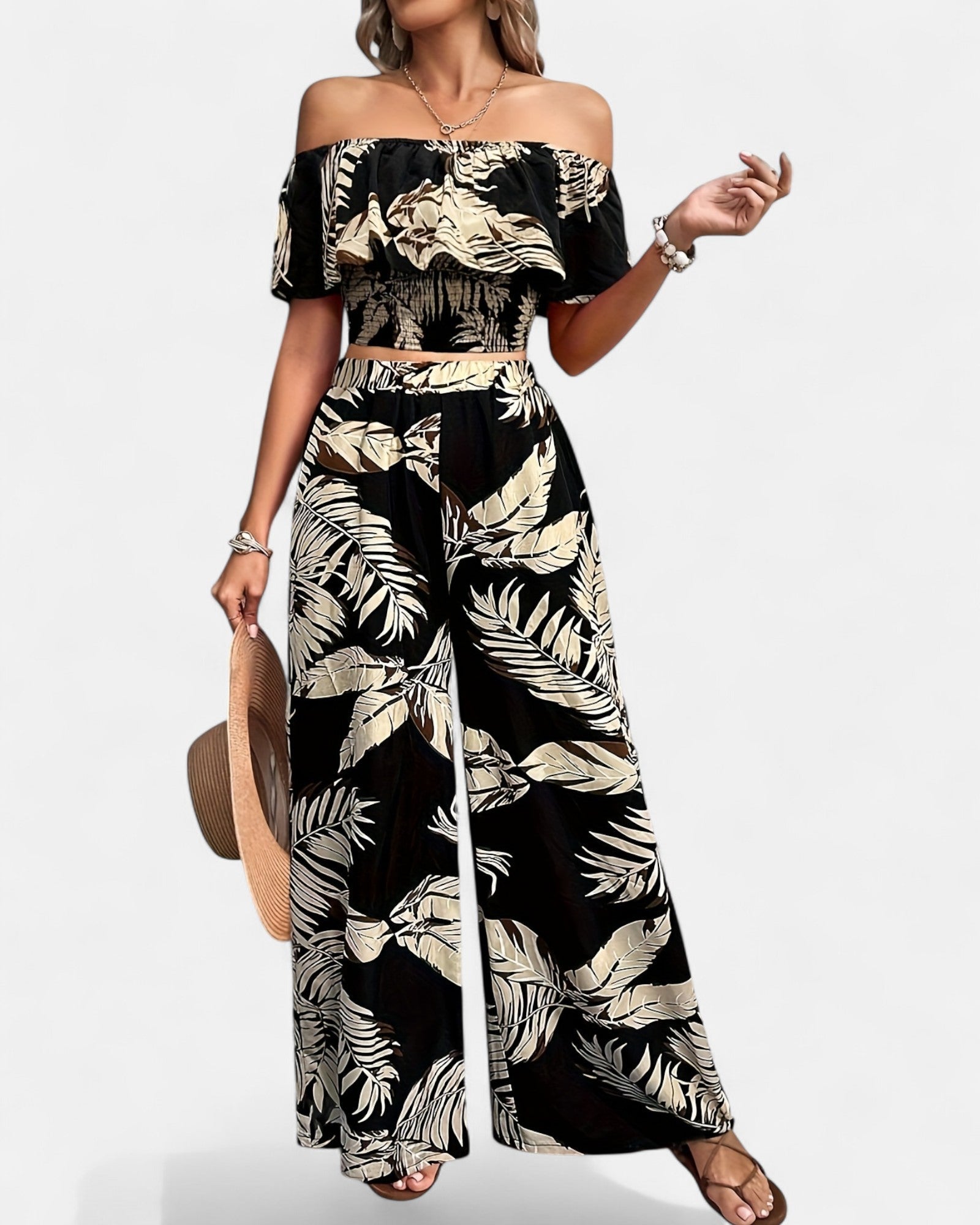 Saira – Bohemian Off - Shoulder Floral Top & Flowing Trousers Set - Outfit Sets - Boho Style