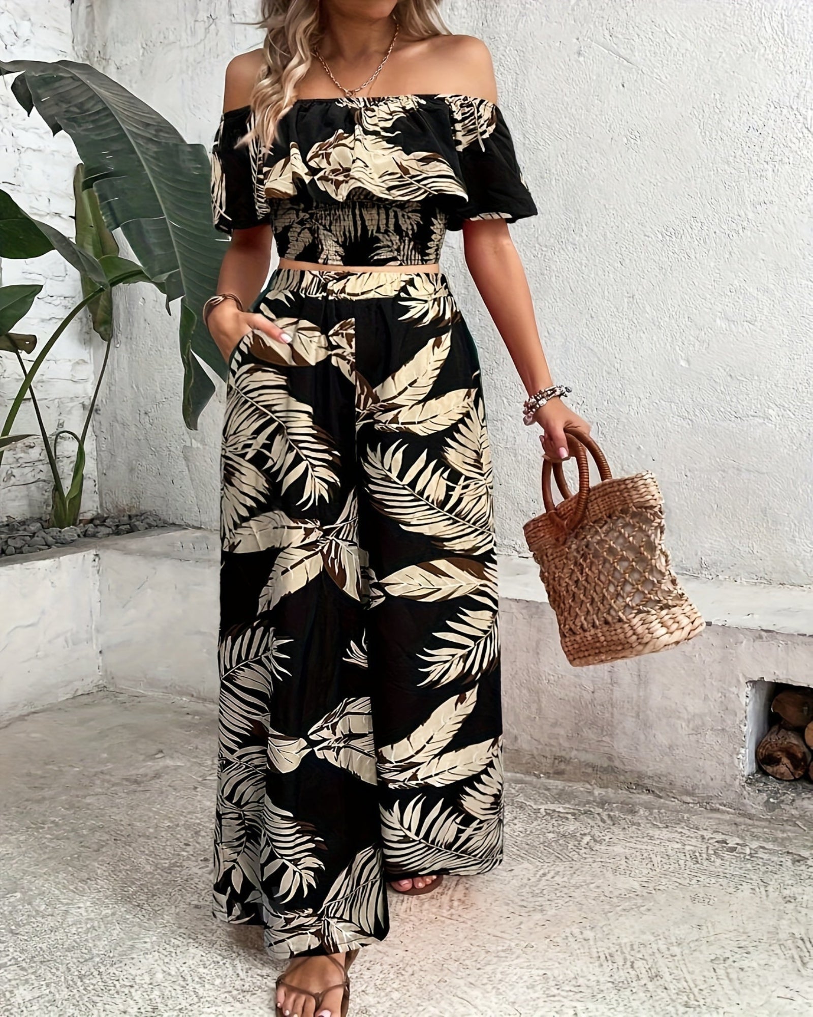 Saira – Bohemian Off - Shoulder Floral Top & Flowing Trousers Set - Outfit Sets - Boho Style