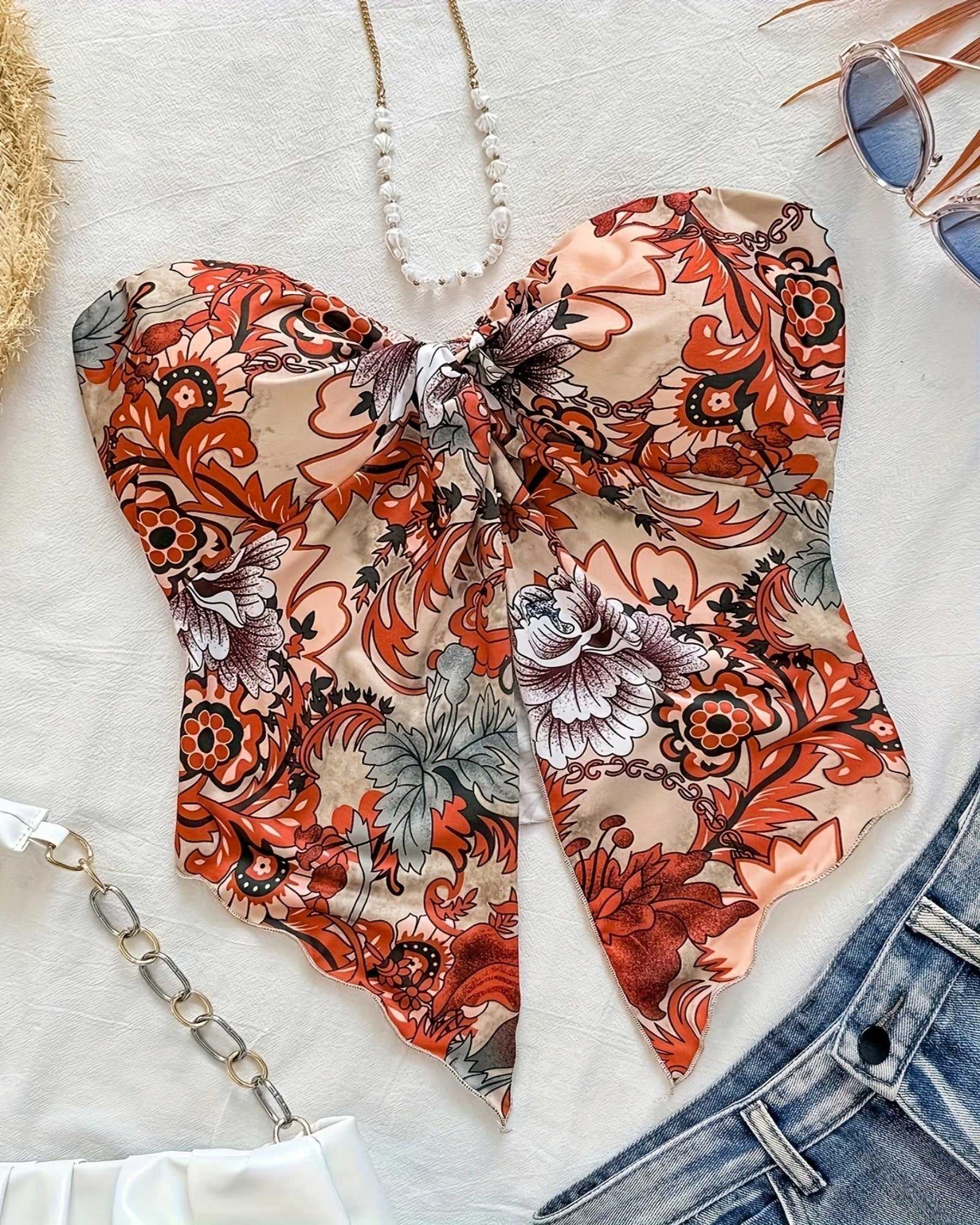 Sarah – Boho Floral Tube Top with Twist Front & Asymmetrical Hem - Tube Top - Boho Style