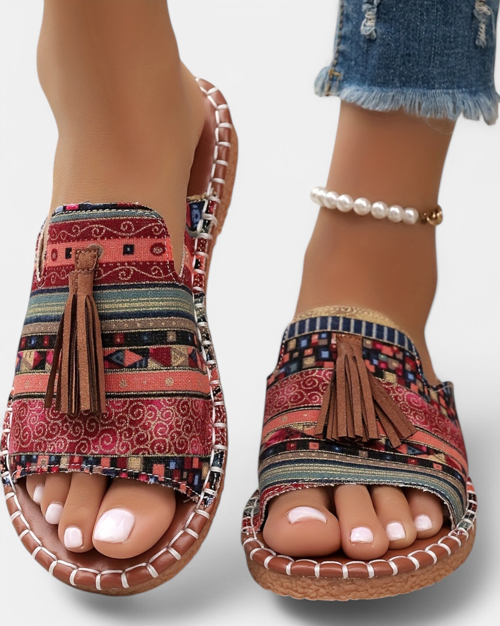 Thea – Boho Tassel Slide Sandals with Colorful Design - Sandals - Boho Style