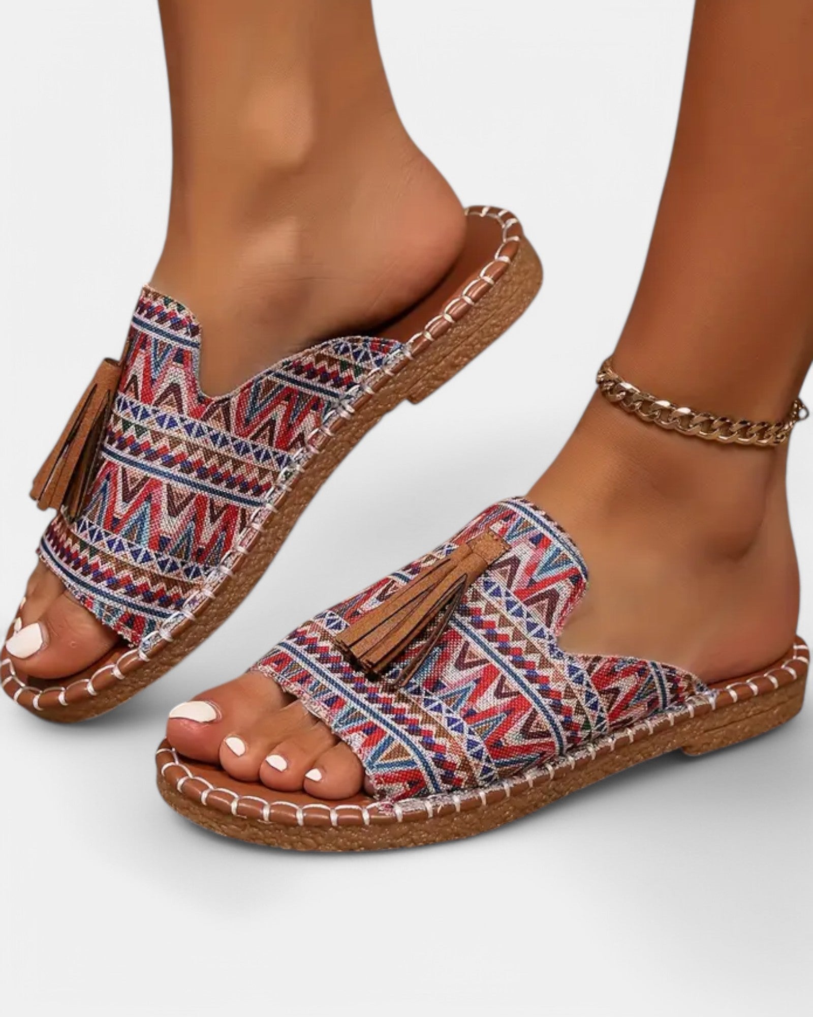 Thea – Boho Tassel Slide Sandals with Colorful Design - Sandals - Boho Style
