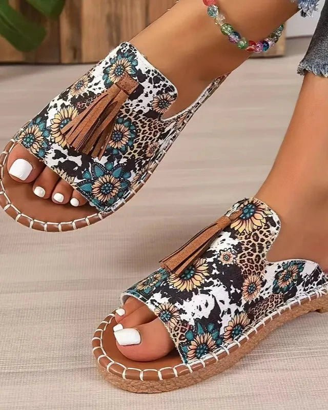 Thea – Boho Tassel Slide Sandals with Colorful Design - Sandals - Boho Style
