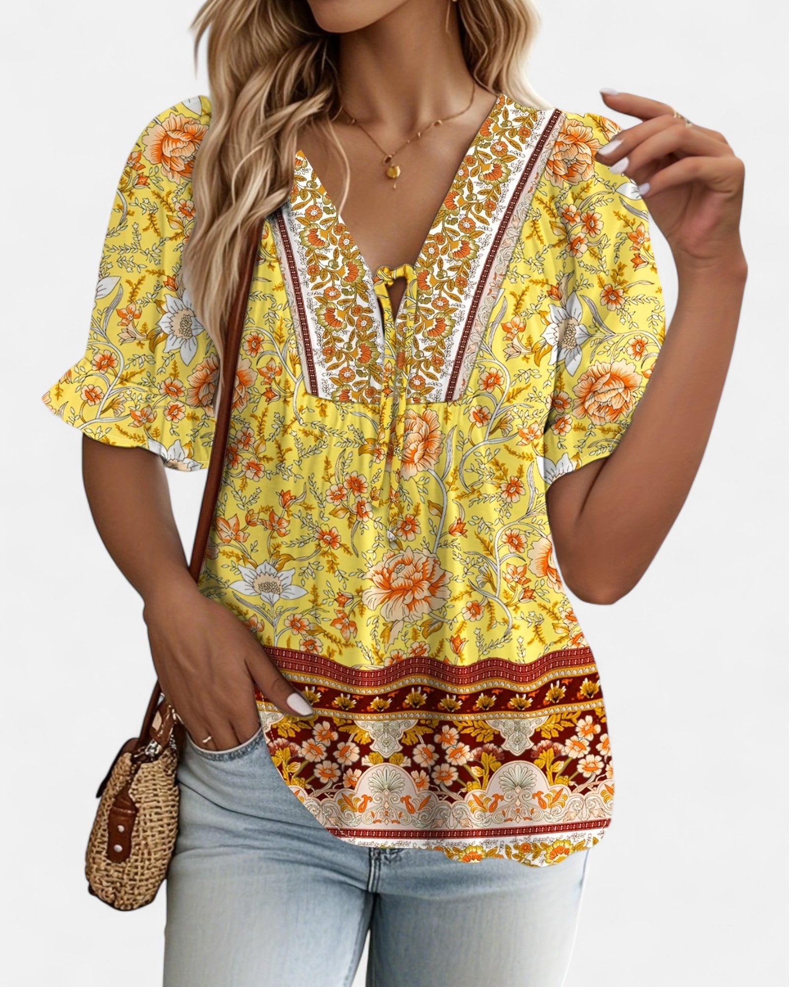 Thea – Plus Size Boho V - Neck Blouse with Lantern Sleeves - Blouse - Boho Style