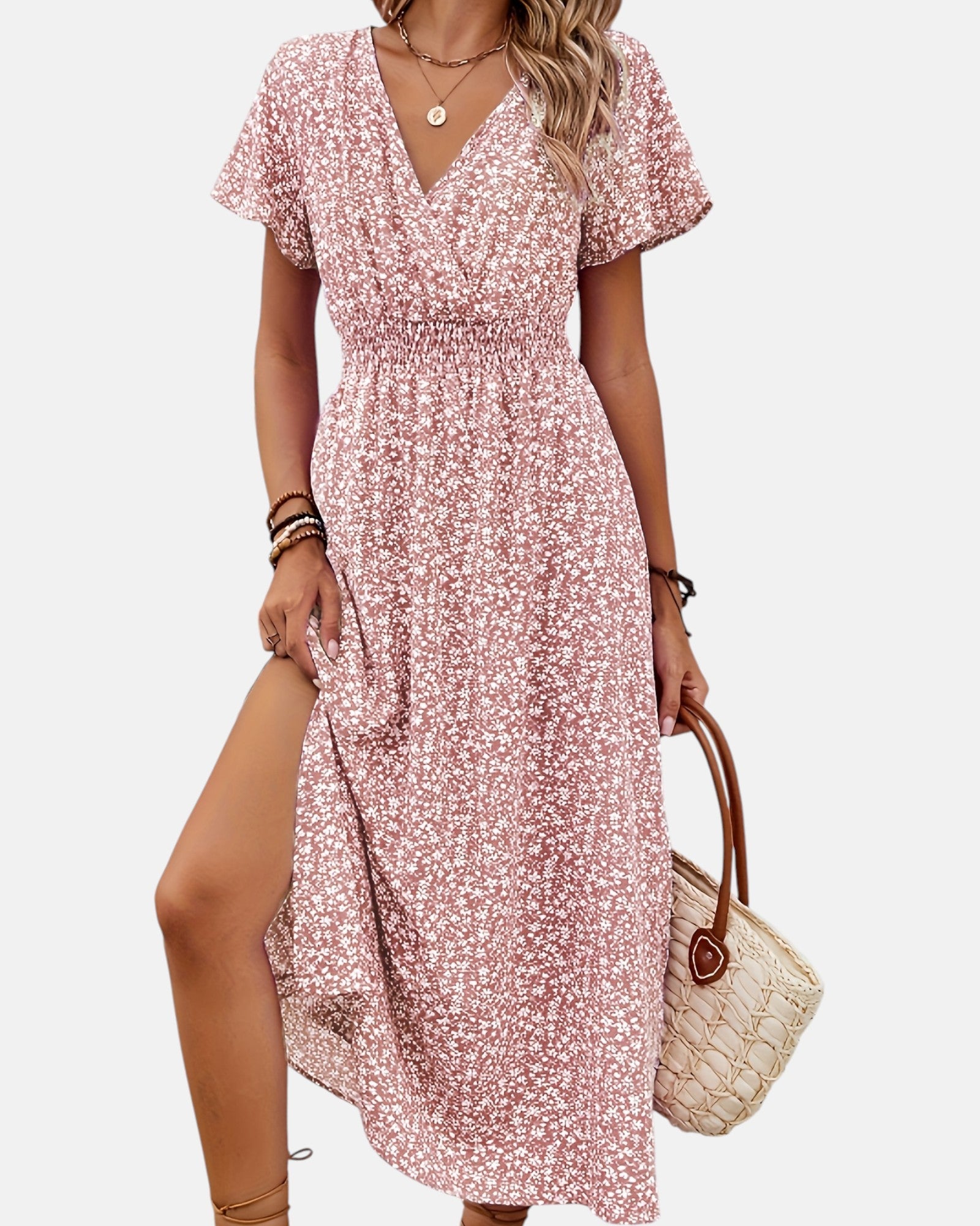 Zaria– Bohemian Floral V - Neck Maxi Dress with Slit - Dress - Boho Style