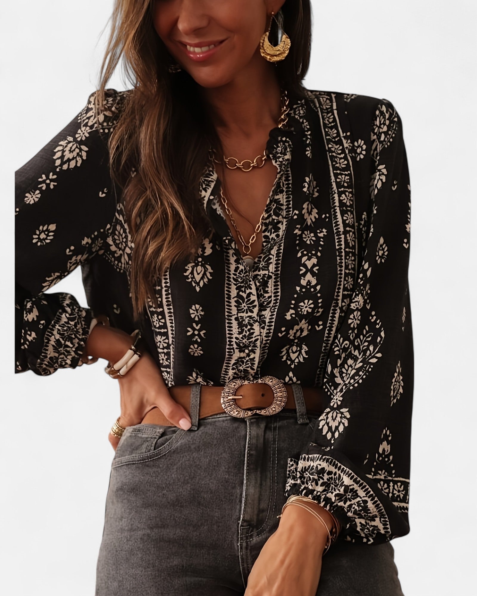 Zuleika – Bohemian Floral Blouse with Lantern Sleeves - Blouses - Boho Style